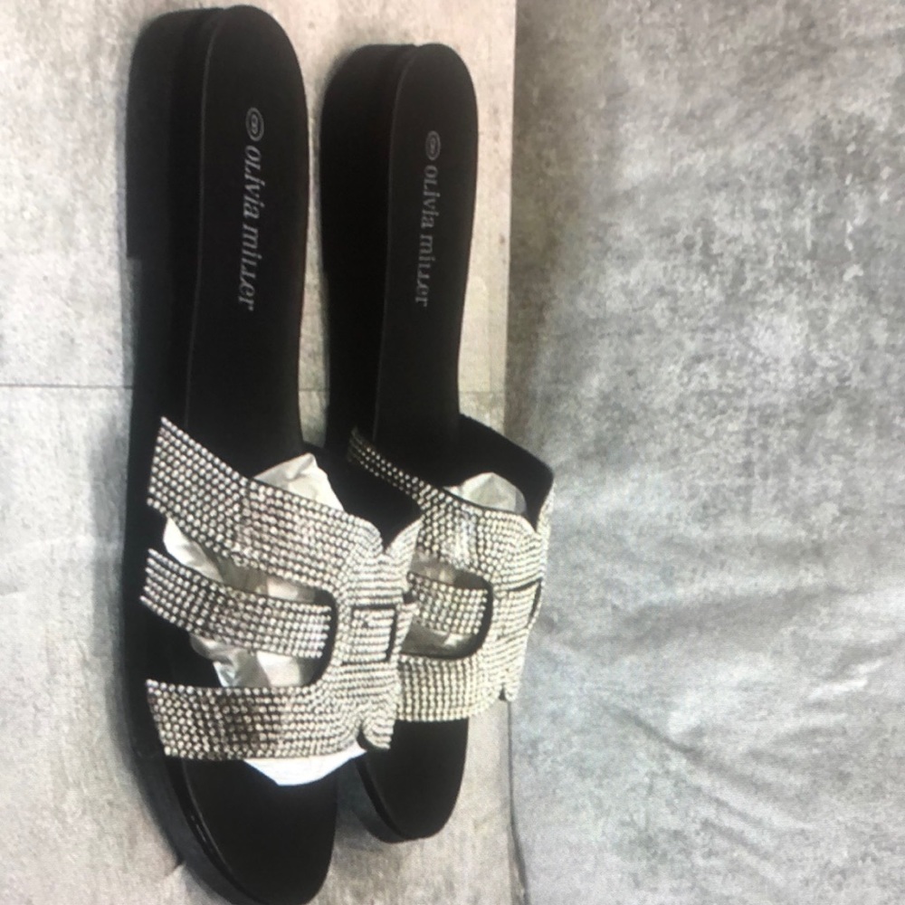 Olivia Miller women’s black salt spring rhinestone embellished strap slide sanda